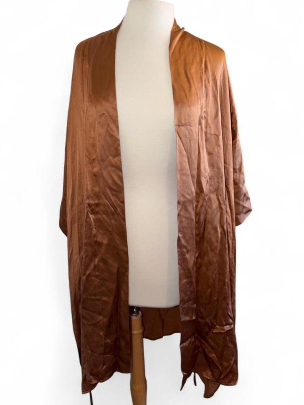 SILX 100% Silk Open Front Kimono Robe Duster Bronze Copper Brown Size XL